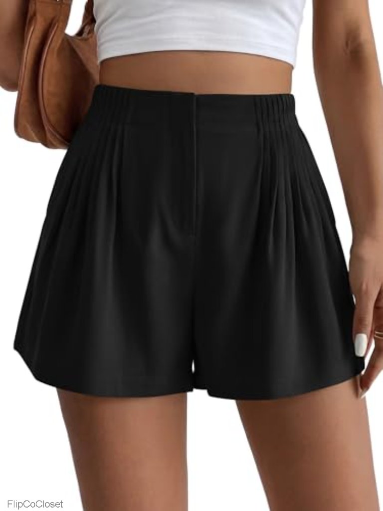 High Waisted Pleated Cotton Shorts With Pockets Elastic Waist Loose Fit